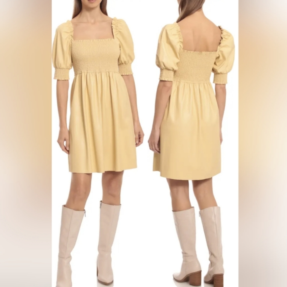7 For All Mankind Faux Leather Puff Sleeve Fit & Flare Dress Women's Size Small